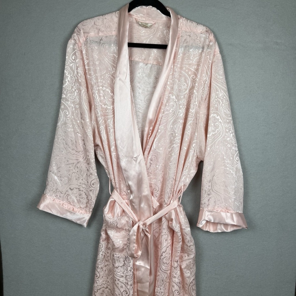 Vtg Victoria's Secret‎ Gold Label Pink Robe Satin Jacquard Belted Sz L *flaw